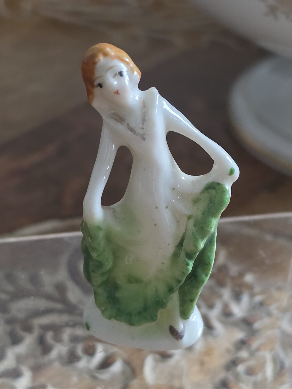 Vintage Occupied Japan Miniature Porcelain Lady Figurine Green Dress Art Deco